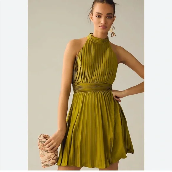 Green Pleated Halter Neck Mini Dress | Mac Duggal US 0